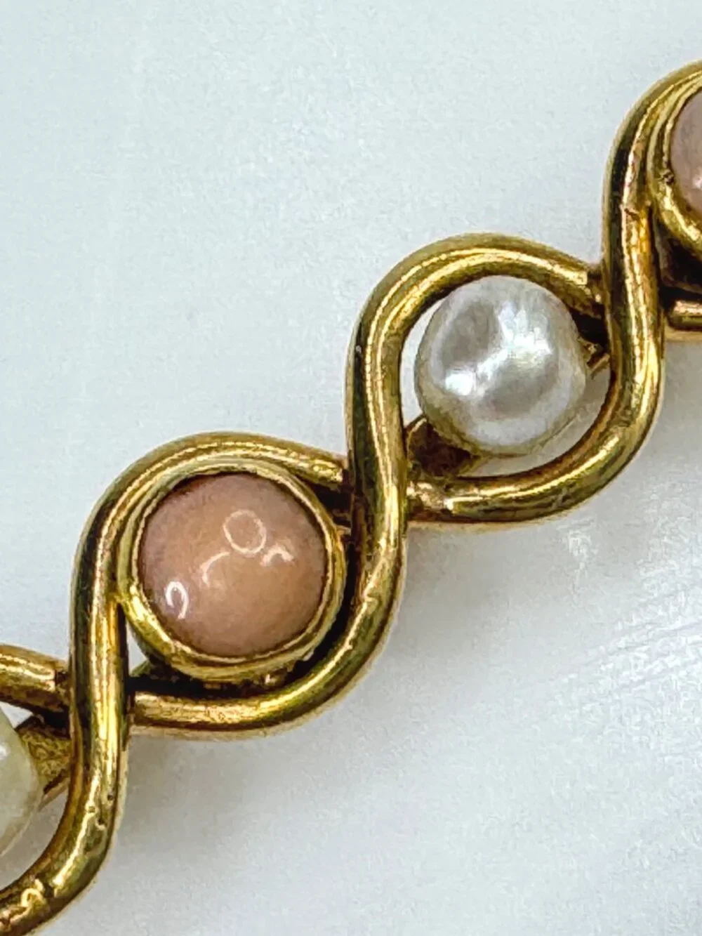 Antique 14K yellow Gold Coral Pearl Infinity bar brooch  1 5/8